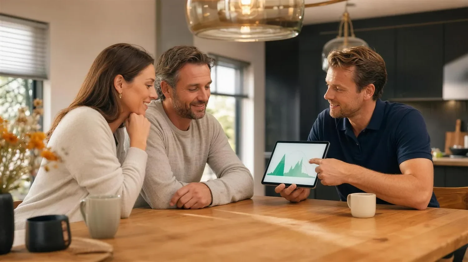 Adviseur van kWh Garant bespreekt de opbrengst met een klant aan de keukentafel